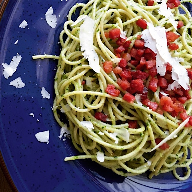 Brown rice spaghetti with homemade ramp pesto
