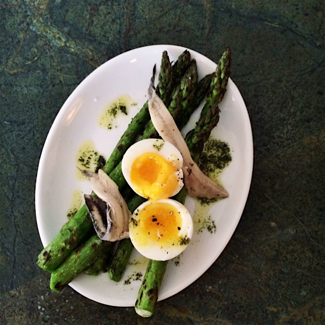 Asparagus, soft boiled egg, boquerones at Bar Bolinas 