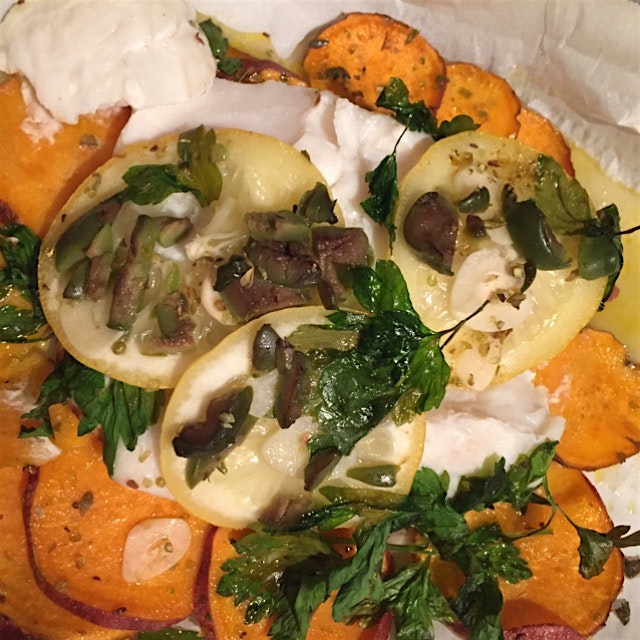 Black cod in parchment paper