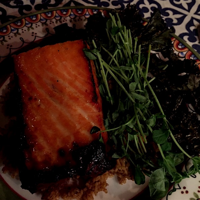 Maple planked and Curry glazed salmon, biryani, roasted kale, pea shoots + a punchy farmhouse ale...