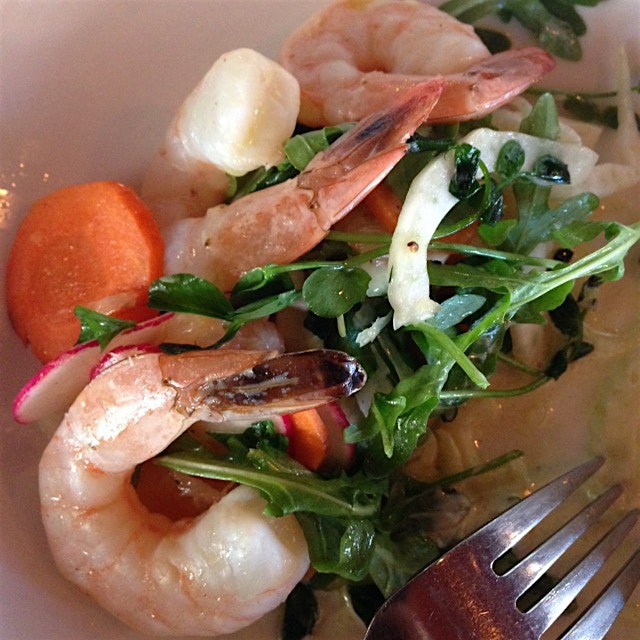 Poached shrimp with shaved radish, carrot and fennel bulb + citrus segments. Bright+savory. Mmmm....