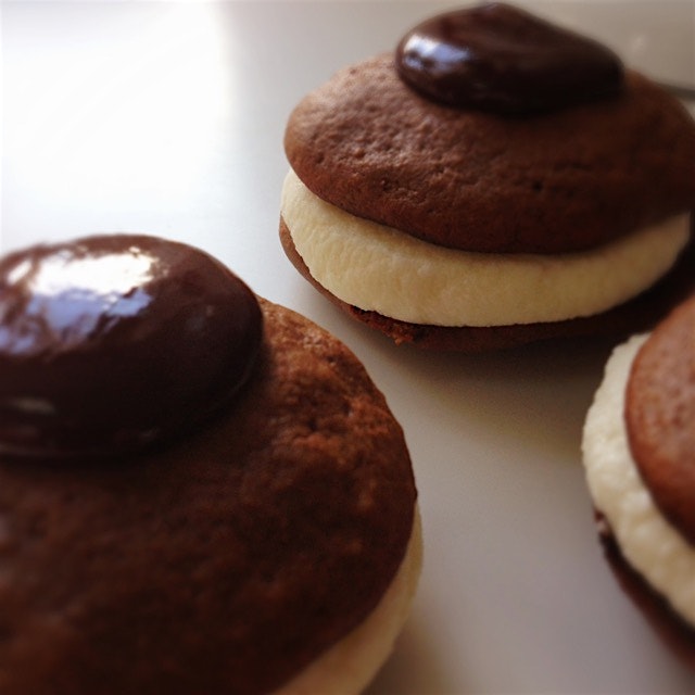 Whoopie pies with mint chocolate ganache on top!!
