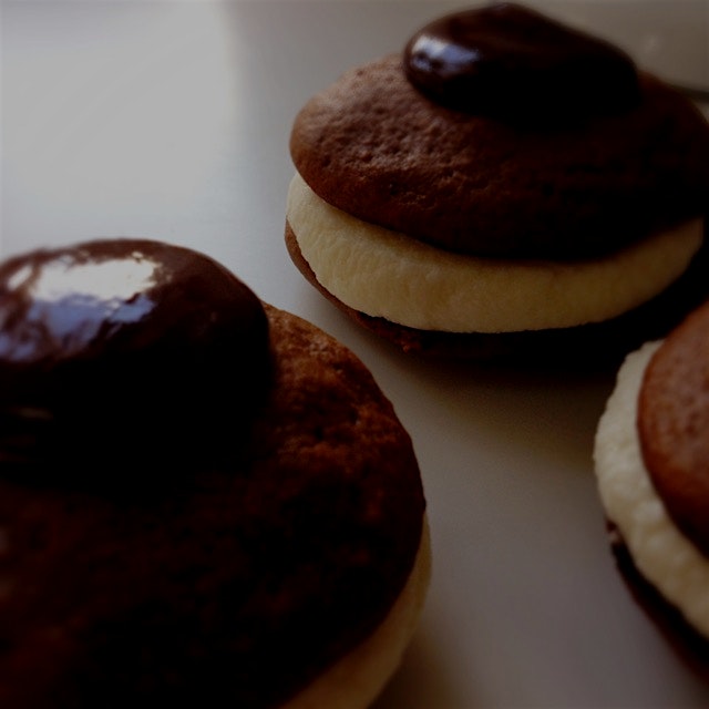 Whoopie pies with mint chocolate ganache on top!!