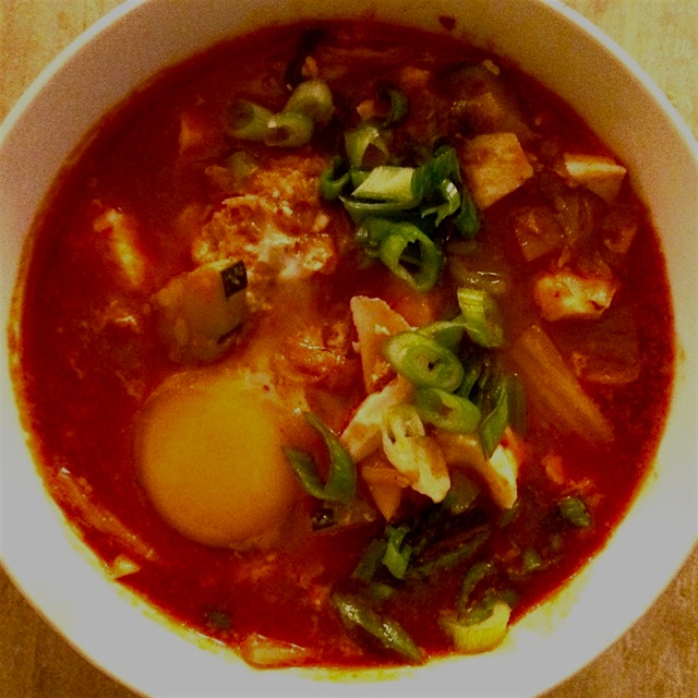 Korean Kimchi Haemul Soondooboo; Seafood Soft Tofu Stew with Kimchi. Spicy and Delicious. 
