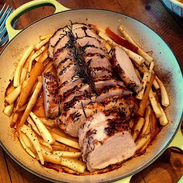 Pork loin roast crusted with fennel, orange zest and rosemary. Parsnips on the side. Now pass the...