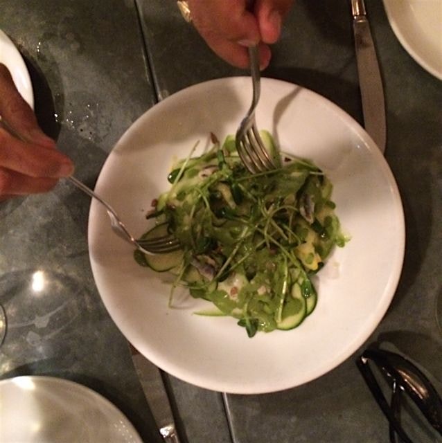 Mom and dad digging into @andie's summer squash salad. Mint chutney - so fresh