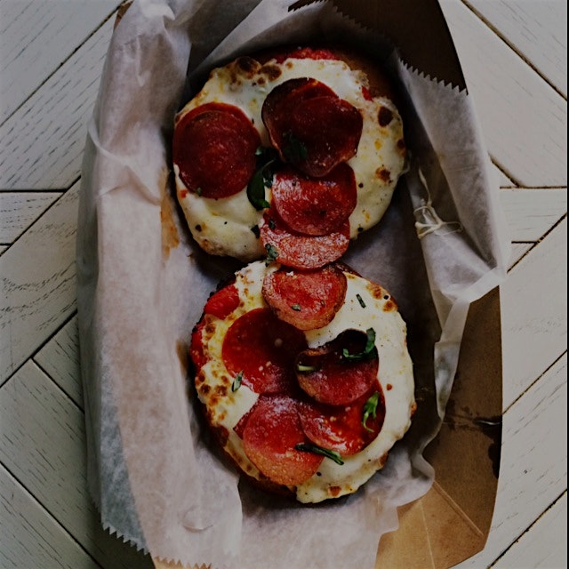 Pizza bagel with pepperoni at Black Seed Bagels