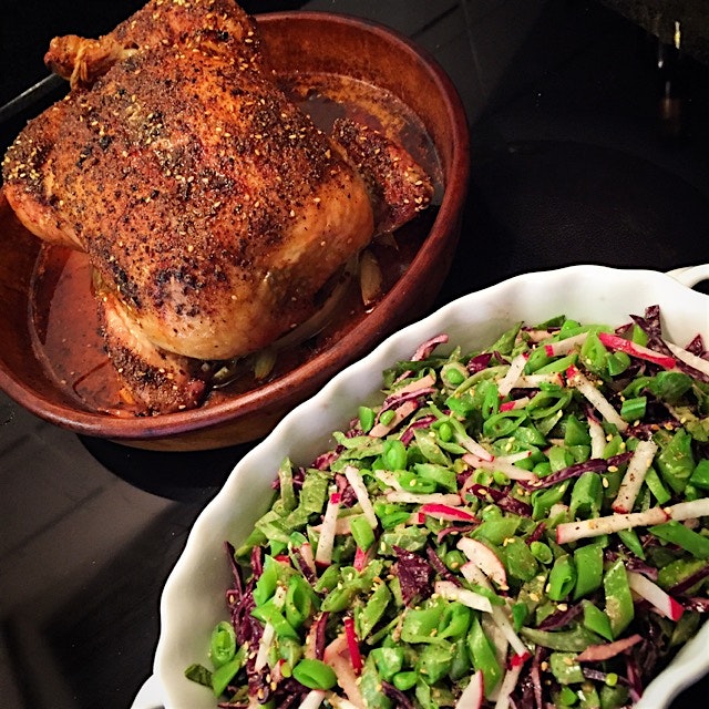 Tonight is a roast chicken kind of night. Sumac and za'atar crusted chicken and a lovely snap pea...