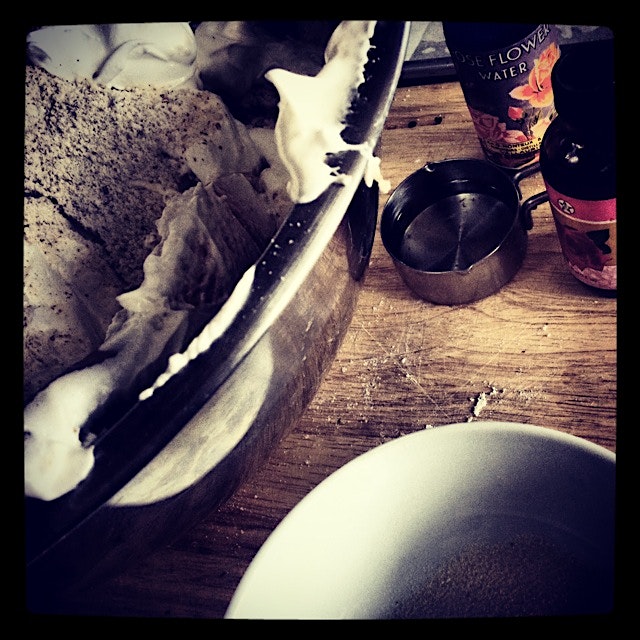 The beginnings of rose water raspberry cake, recipe cortousey of Tartellette 