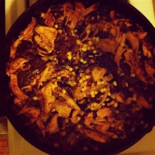 Chipotle chicken with pinto beans and corn. Served with quinoa and avocado, not pictured.