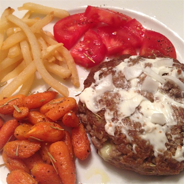 Dinner! Rosemary-bleu turkey burger, fresh tomatoes, Rosemary carrots, shoestring fries!