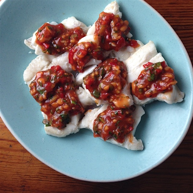 Taiwanese steamed cod with five flavor sauce, recipe from The Food of Taiwan by Cathy Erway