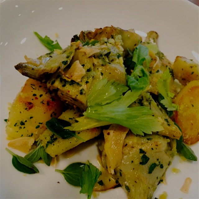 Artichokes with ramps, potato, lemon and crispy garlic. Loving the first picks of spring. At Vic'...