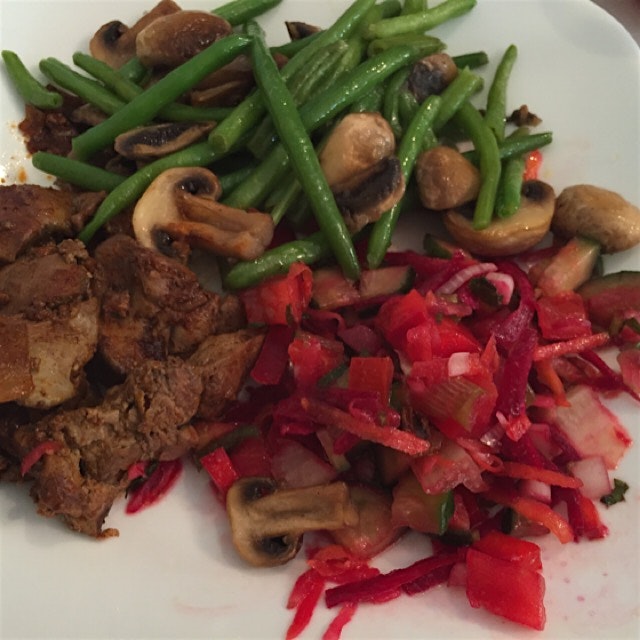 Special brunch at my sister in Kfar yona Israel 
Veg salad with added grated beets, chicken liver...