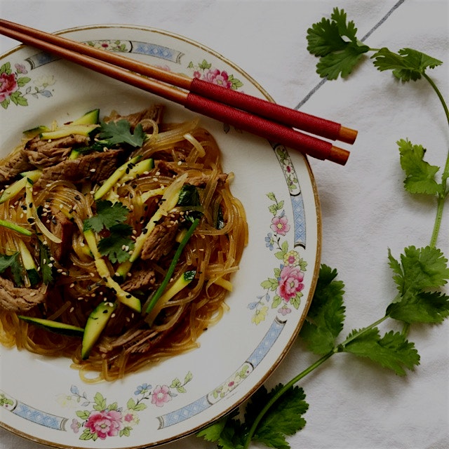 Jap Chae for lunch - with roasted beef, zucchini and coriander. You can find a similar recipe on ...
