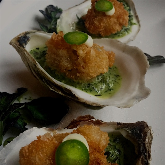 Fried oysters with basil pesto