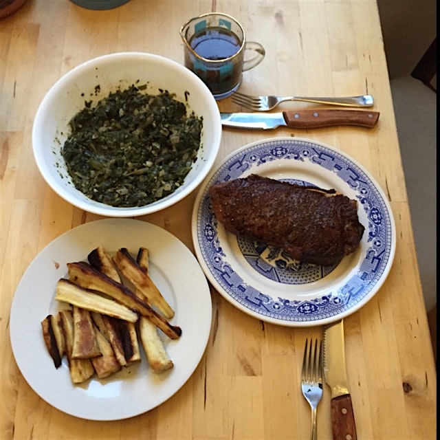 Day 15 of whole30. Fleisher's ny strip, shallot au jus, homemade saag sans paneer and roasted par...