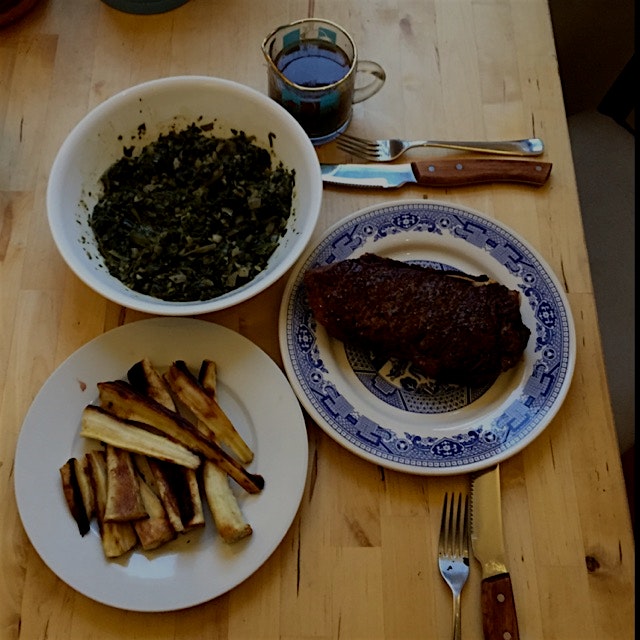 Day 15 of whole30. Fleisher's ny strip, shallot au jus, homemade saag sans paneer and roasted par...
