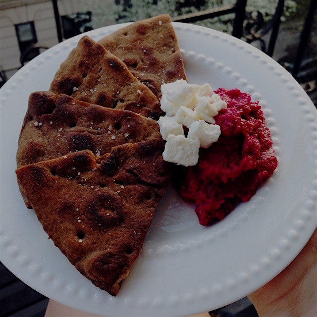 Homemade beet hummus and whole wheat pita chips. A little pre-dinner snack (...so an appetizer?) 