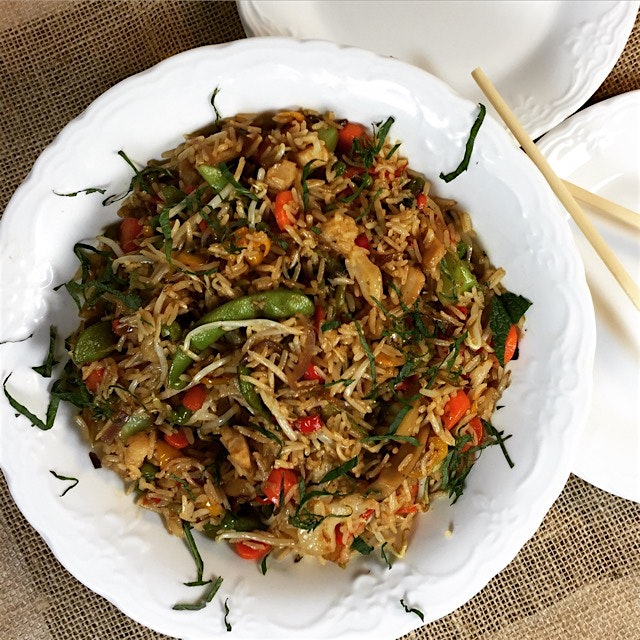 Sriracha teriyaki chicken and rice with mixed vegetables. 