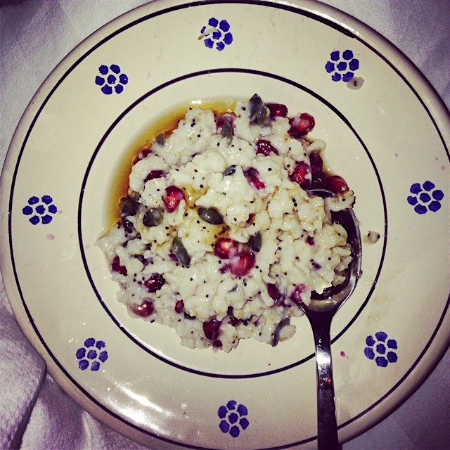 Another classy breakfast: Bircher muesli with pomegranate and pumpkin seeds