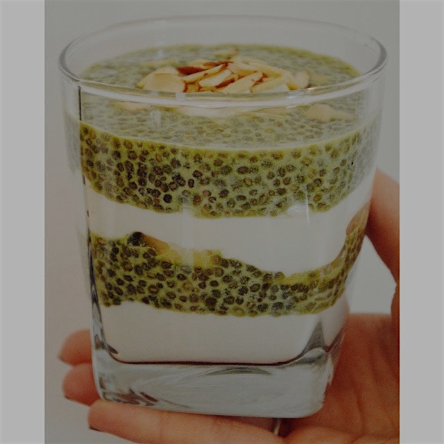 Matcha green tea chia seed pudding layered with banana and plain greek yogurt. An excellent post-...