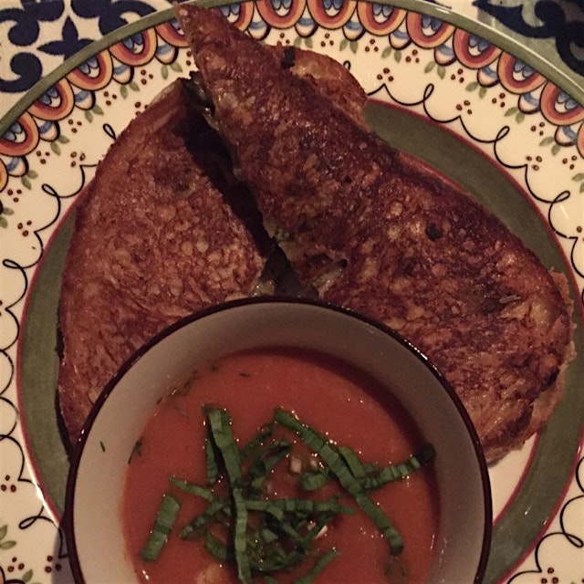 Iowa fontina, wild mushrooms, amd Rosemary grilled cheese with dill and ramp tomato soup