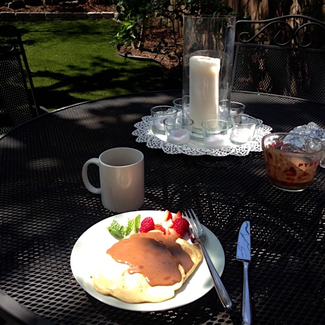 Sunday morning indulgence: banana walnut pancakes with chocolate-hazelnut-aged-rum syrup. Happy d...