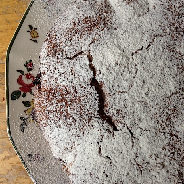 Sugar dusting making a work of art of a rhubarb polenta cake