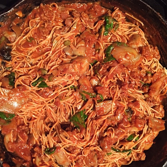 Friday night one dish whole wheat angel hair with Di Palo's farm stand turkey sausage 