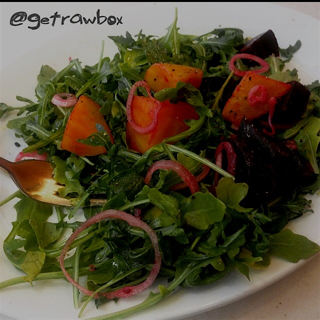 Beet salad over a bed of arugula with a light olive oil dressing.  Healthy travels! 