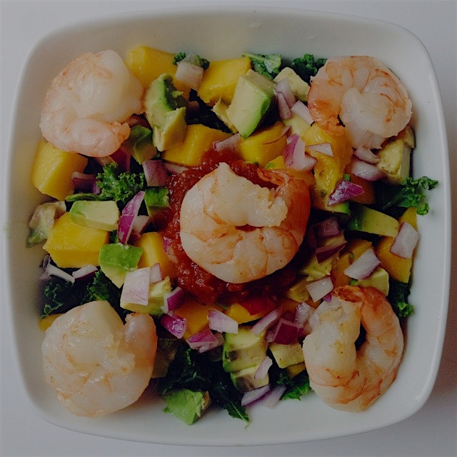 Lunch today was a kale salad with mango, avocado, red onion and shrimp. So delicious! 