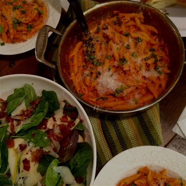 Sunday's supper:  Penne Alla Vodka and a Spinach and Pear Salad with Prosciutto, Parmigiano Reggi...
