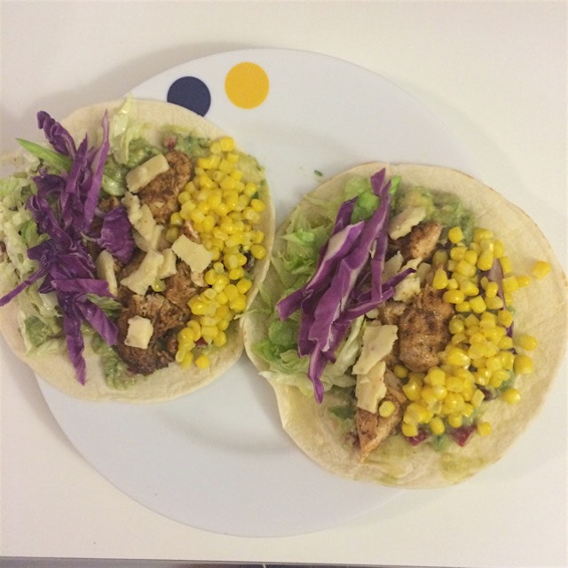 Grilled chicken tacos with pomegranate tomatillo guacamole 