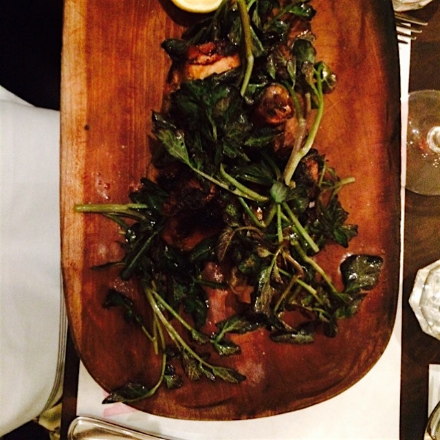 Under the sea of greens, I found Beer-battered chicken that was roasted in wood fired oven. Not p...