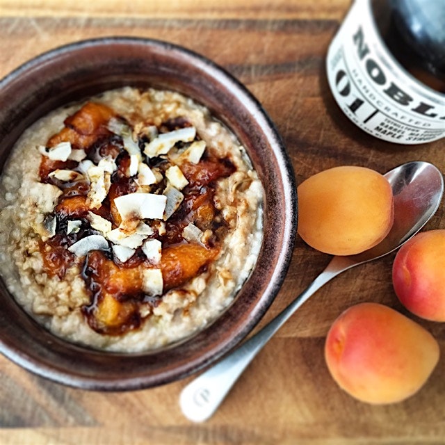 Coconut and Oatmeal pudding with sautéed apricots in maple syrup for breakfast. I was hungry. 