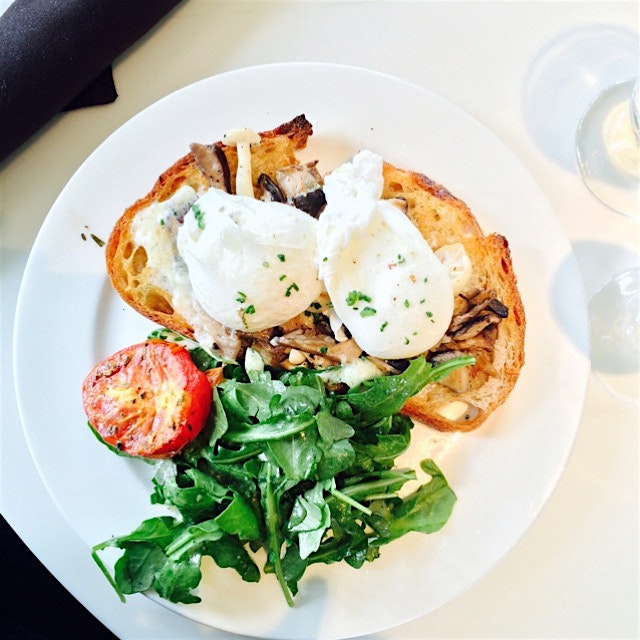 Poached egg on a bed of 4 different kinds of mushrooms. Rainy drive by in San Diego for a delish ...