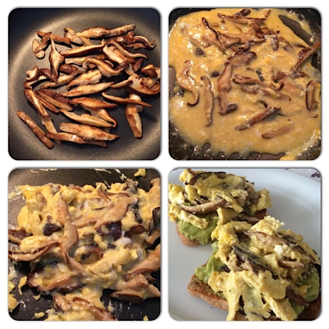 4 steps eggs/shitake/guacamole toast
