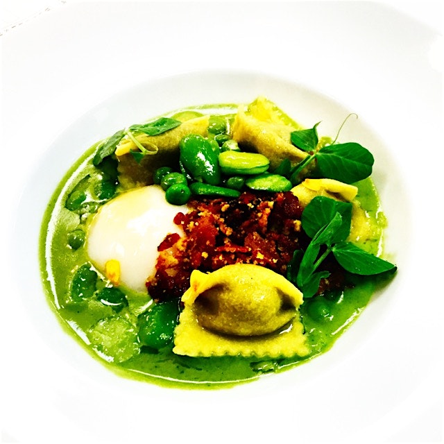 A spring influenced agnolotti dish. 