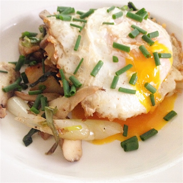 Duck egg, dryad's saddle, ramps and potatoes. 