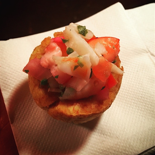 Shrimp Ceviche in a handmade Plantain cup molded out of a shot glass. Genius and delicious, as well!