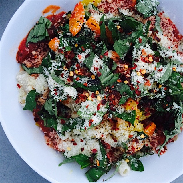 Pasta is hiding under there somewhere.