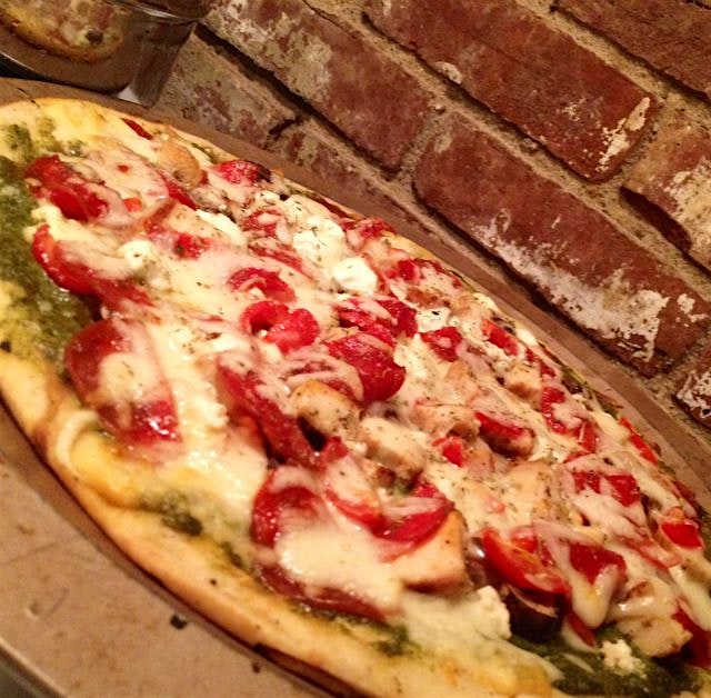 A little this, a little that. Leftover homemade pesto on top of herb flatbread with fresh mushroo...