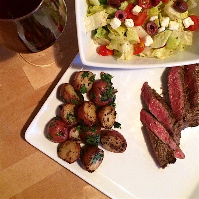 seared steak with garlicky potatoes & greek salad #platedpics #whatsfordinner