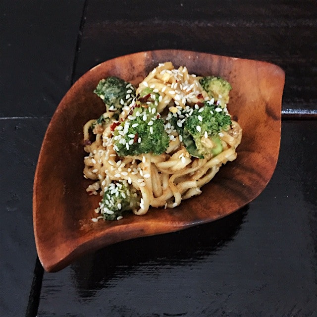 Cold sesame noodles with broccoli and baby kale for lunch! 