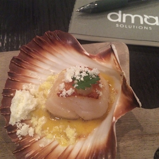 Working lunch.  Seared scallop, sweet corn purée and truffle powder.  #Melbourne 