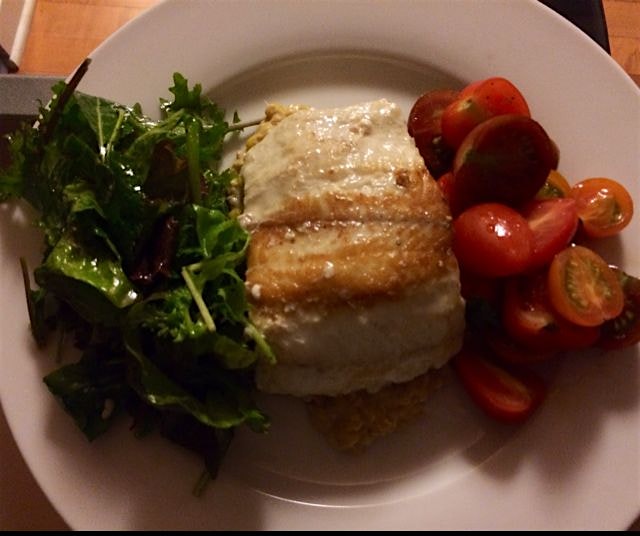 Another @MichaelHalle Sunday dinner: local greens, heirloom tomatos, corn purée & snakehead fish ...
