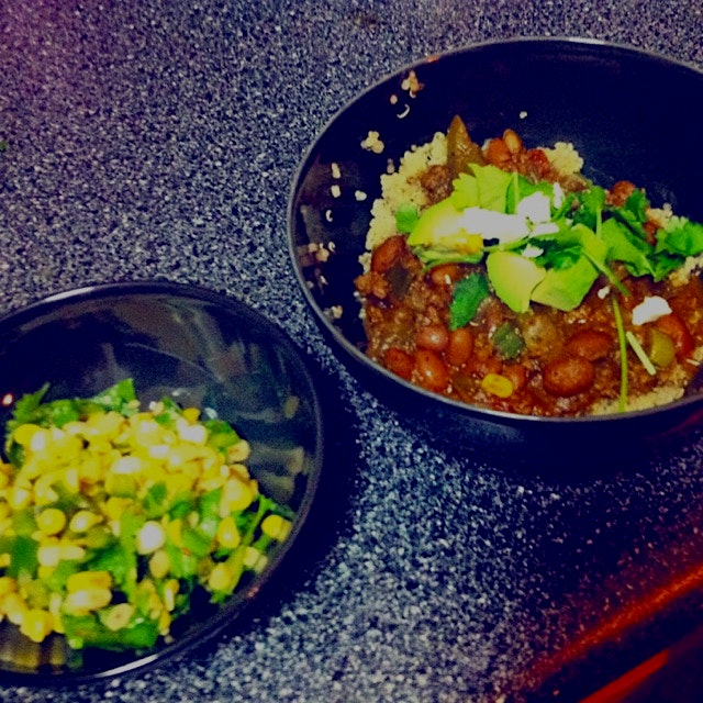 Yummy homemade Mexican fiesta!! Ground bison chili with quinoa topped with avocado, queso fresco ...