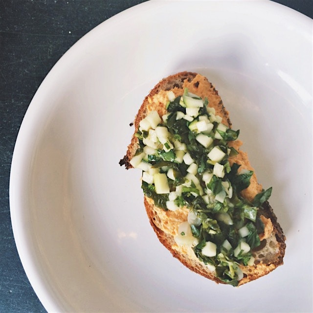 Smoked shrimp and pickled ramps on toast at Grand Army bar.