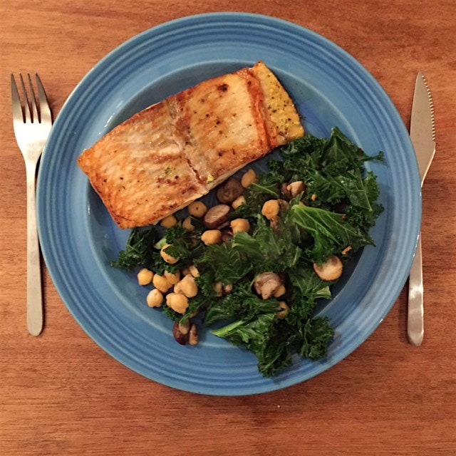 Mustard crusted salmon and a kale, mushroom, chickpea sautée #cookwhateversinthefridge 